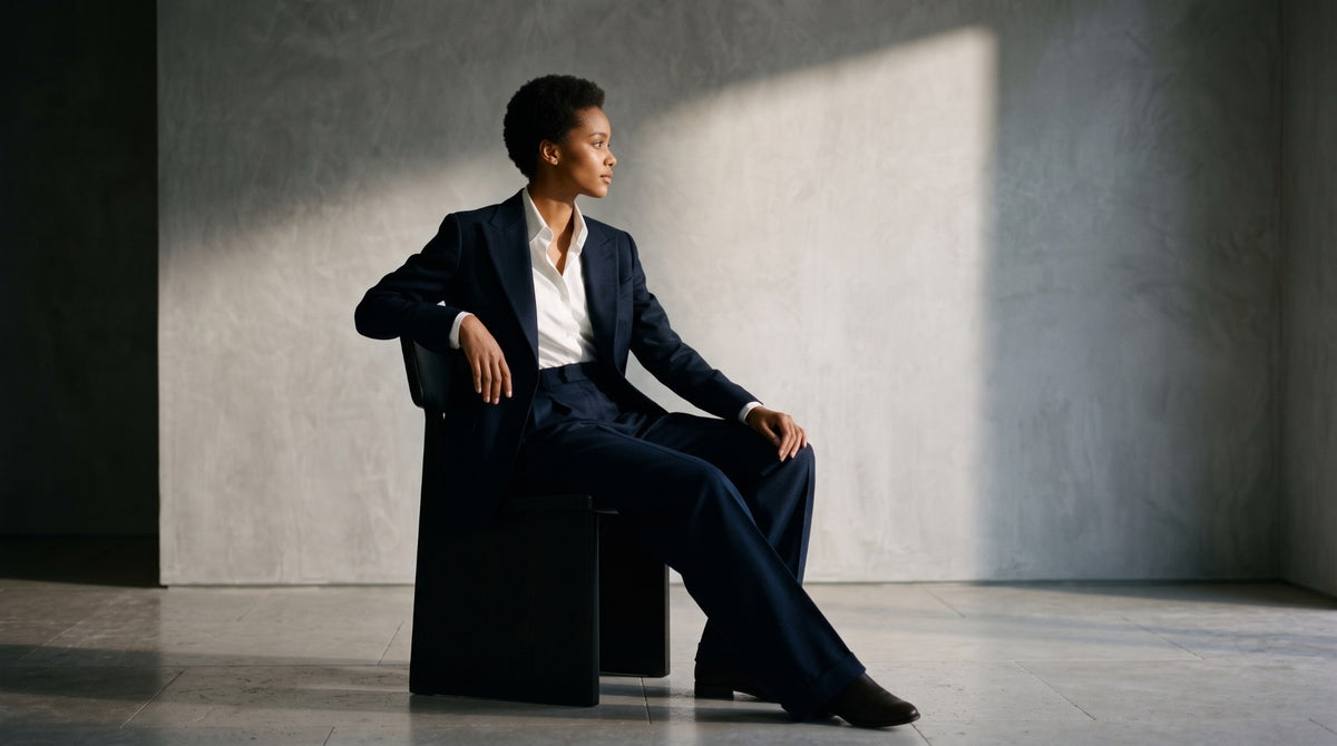 A woman seated in a navy tailored suit in directional daylight