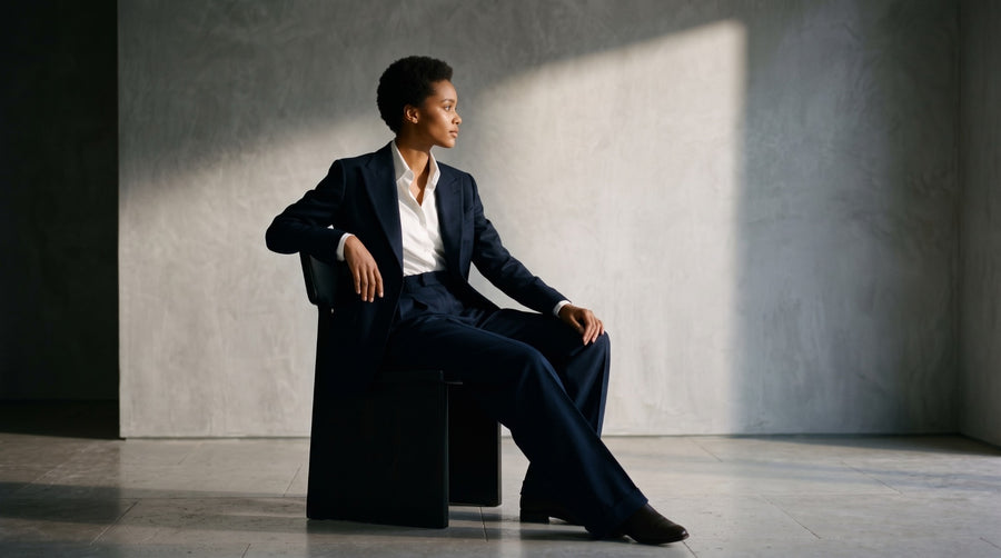 A woman seated in a navy tailored suit in directional daylight