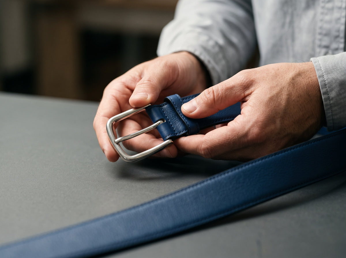 A maker fitting a silver buckle to a blue belt