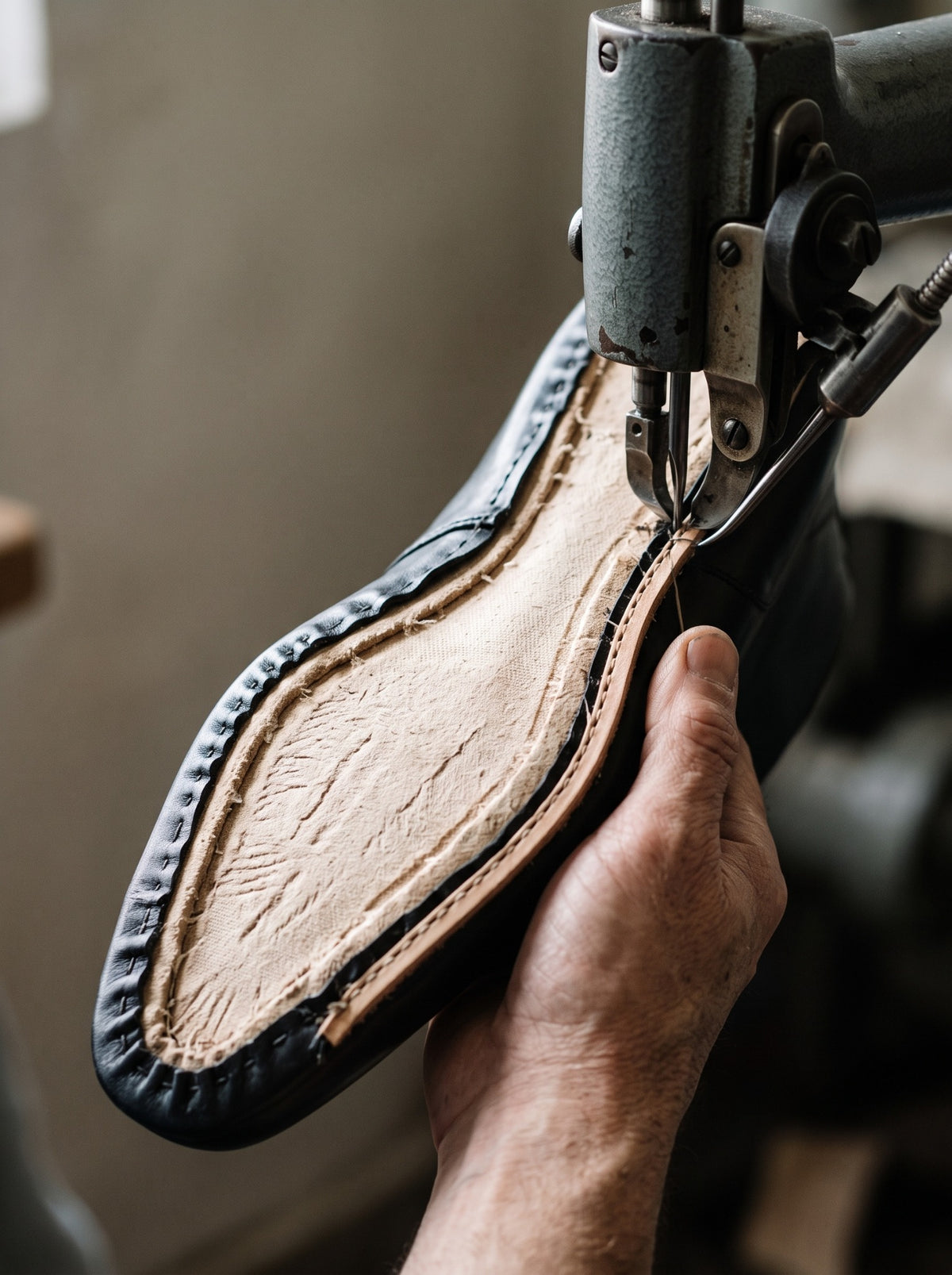 A shoemaker guiding a black boot through a welt-sewing machine before the outsole is attached