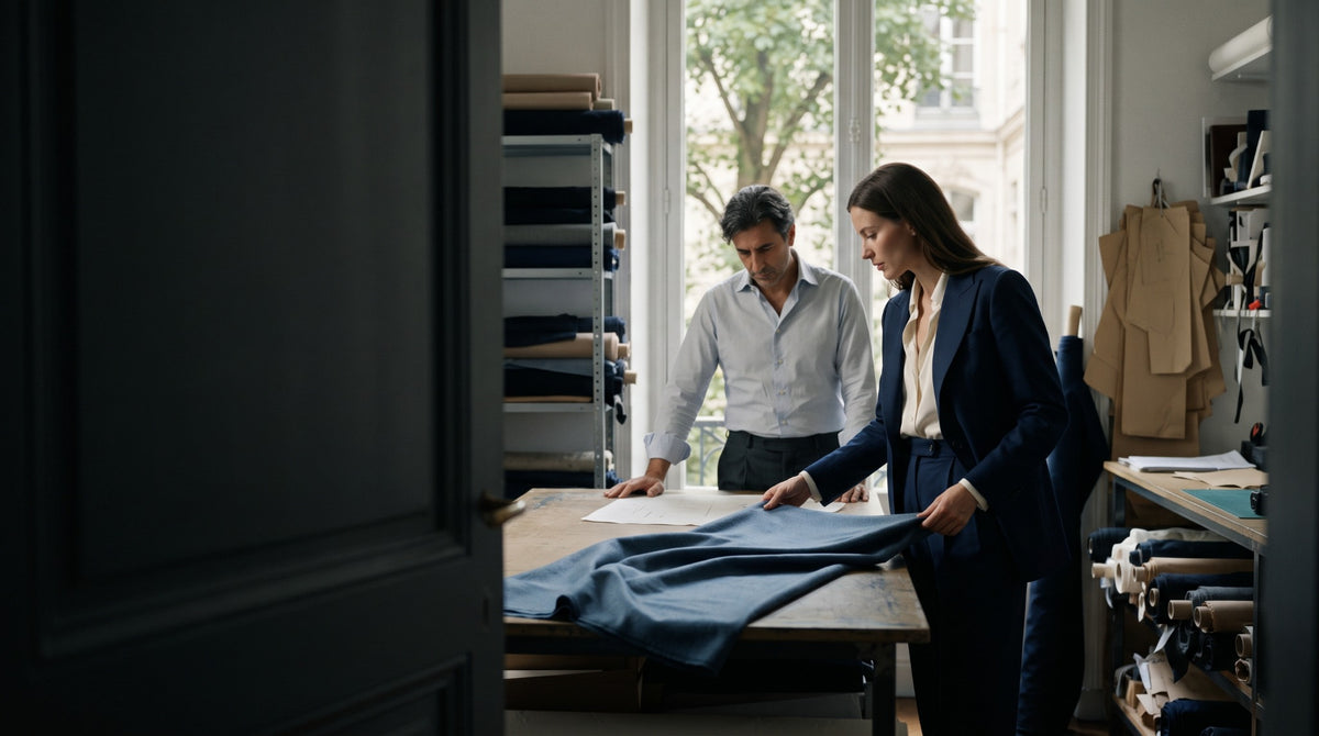 A client and maker selecting blue cloth at an atelier worktable