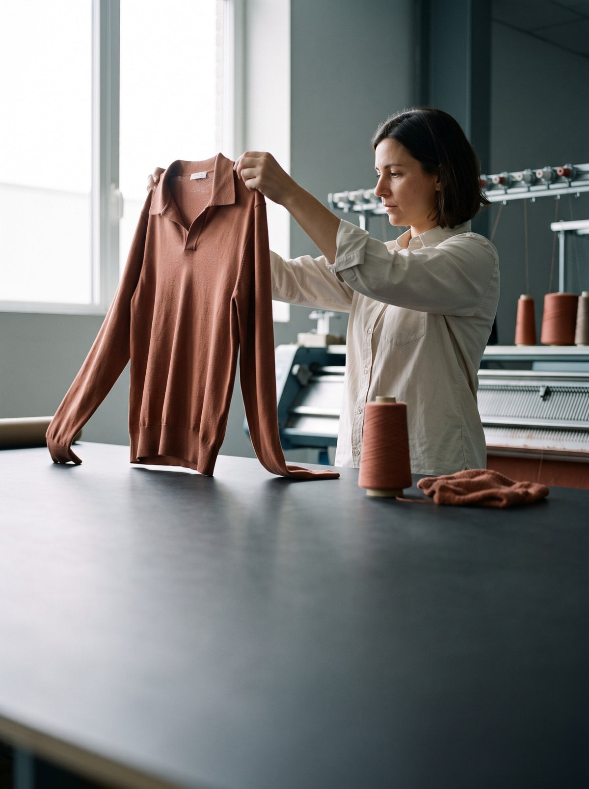 A specialist inspecting a terracotta knitted polo