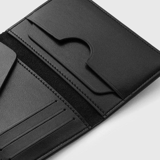 Black vegan wallet with multiple card slots and sleek compact design