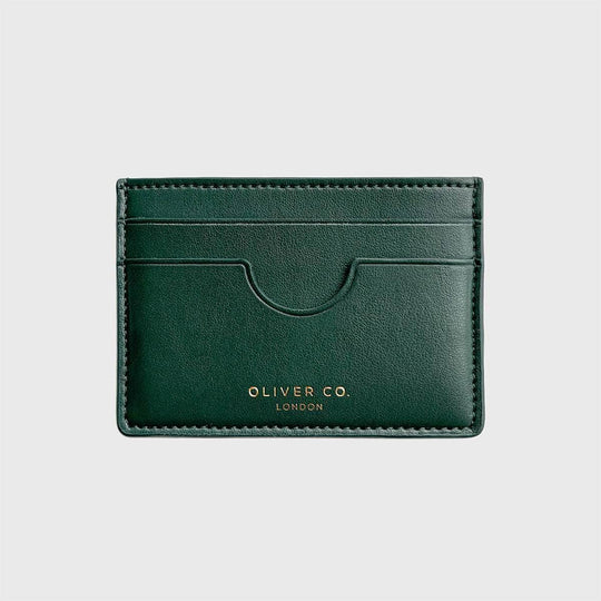 Dark green slim vegan card holder wallet with multiple slots, gold embossed text, on white background