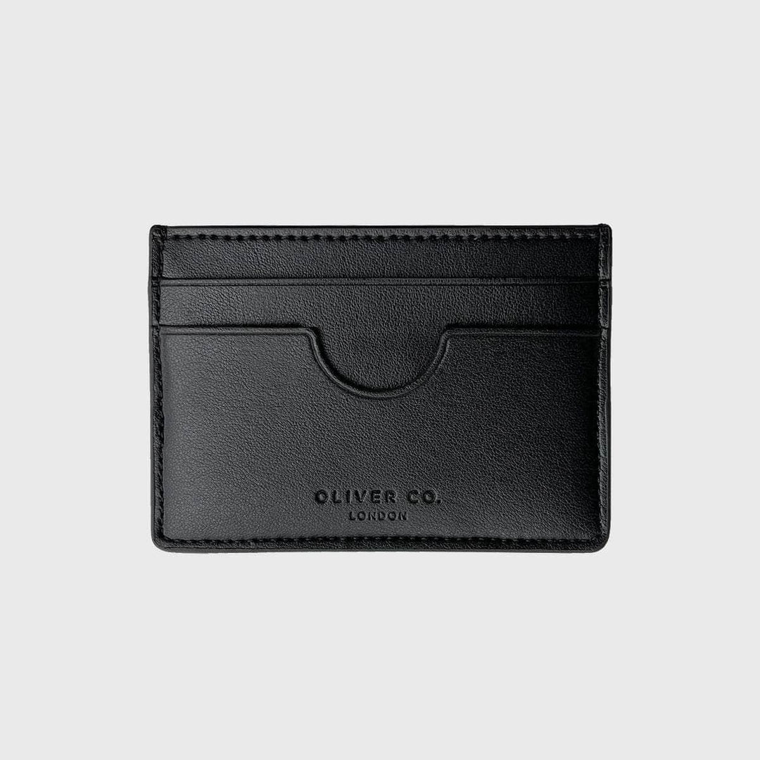 Black vegan slim card holder with multiple slots and embossed Oliver Co. London logo