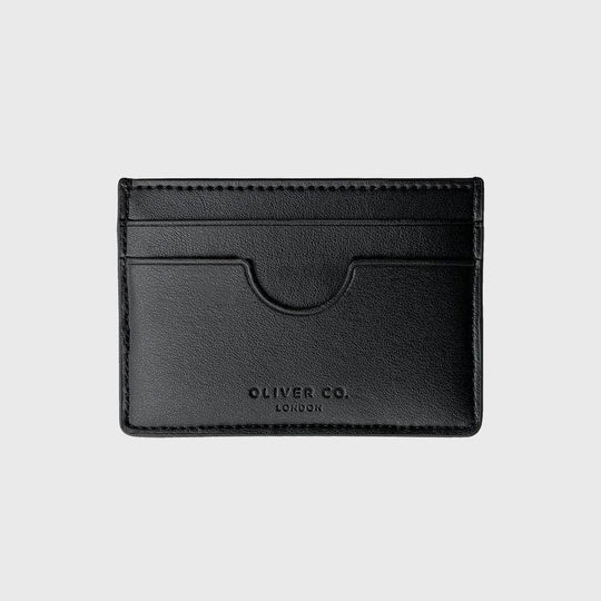 Black vegan slim card holder with multiple slots and embossed Oliver Co. London logo