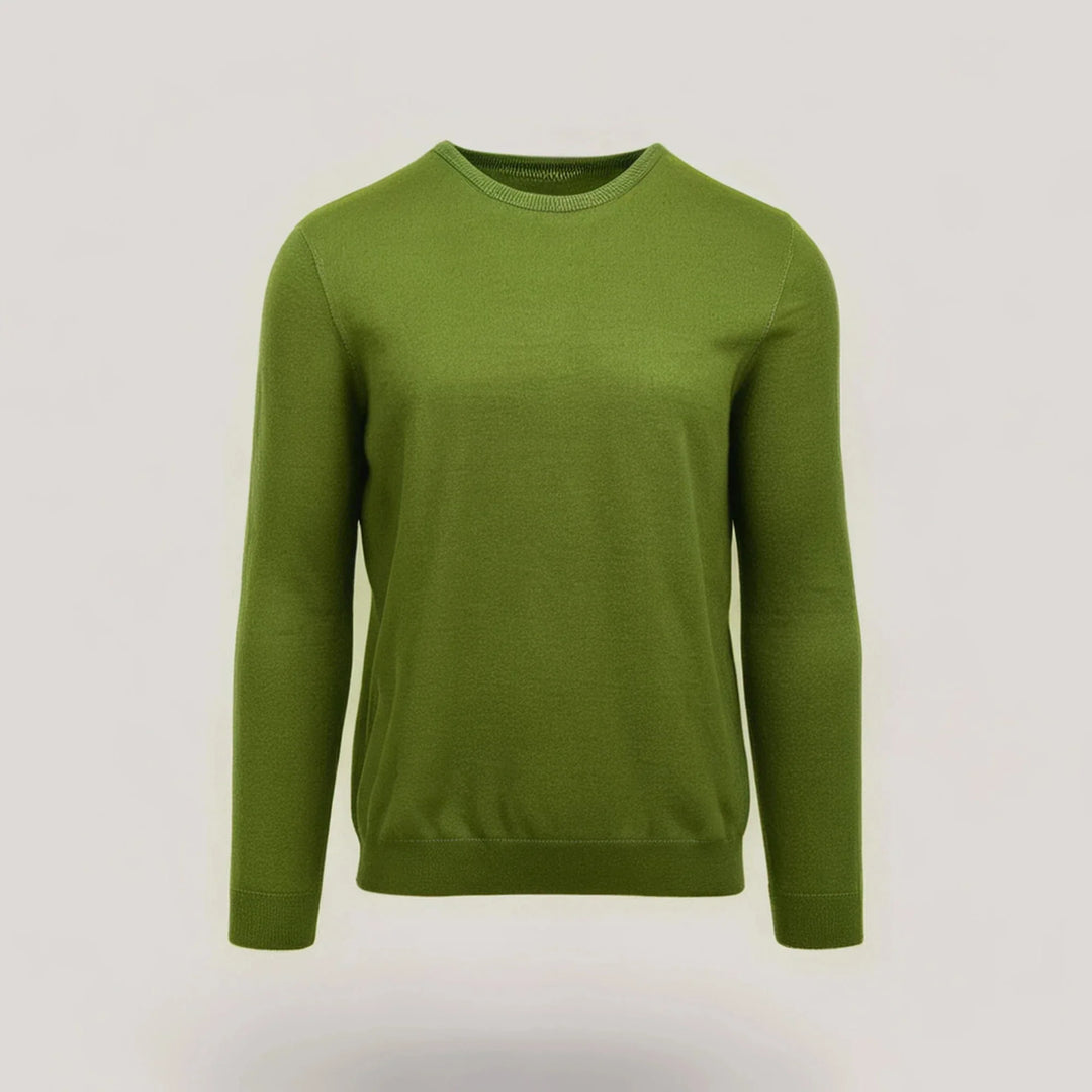 Front view of CALEB SHORT | Ecoviscose - Men's Crewneck Sweater in green, showcasing its sustainable design and shorter fit.