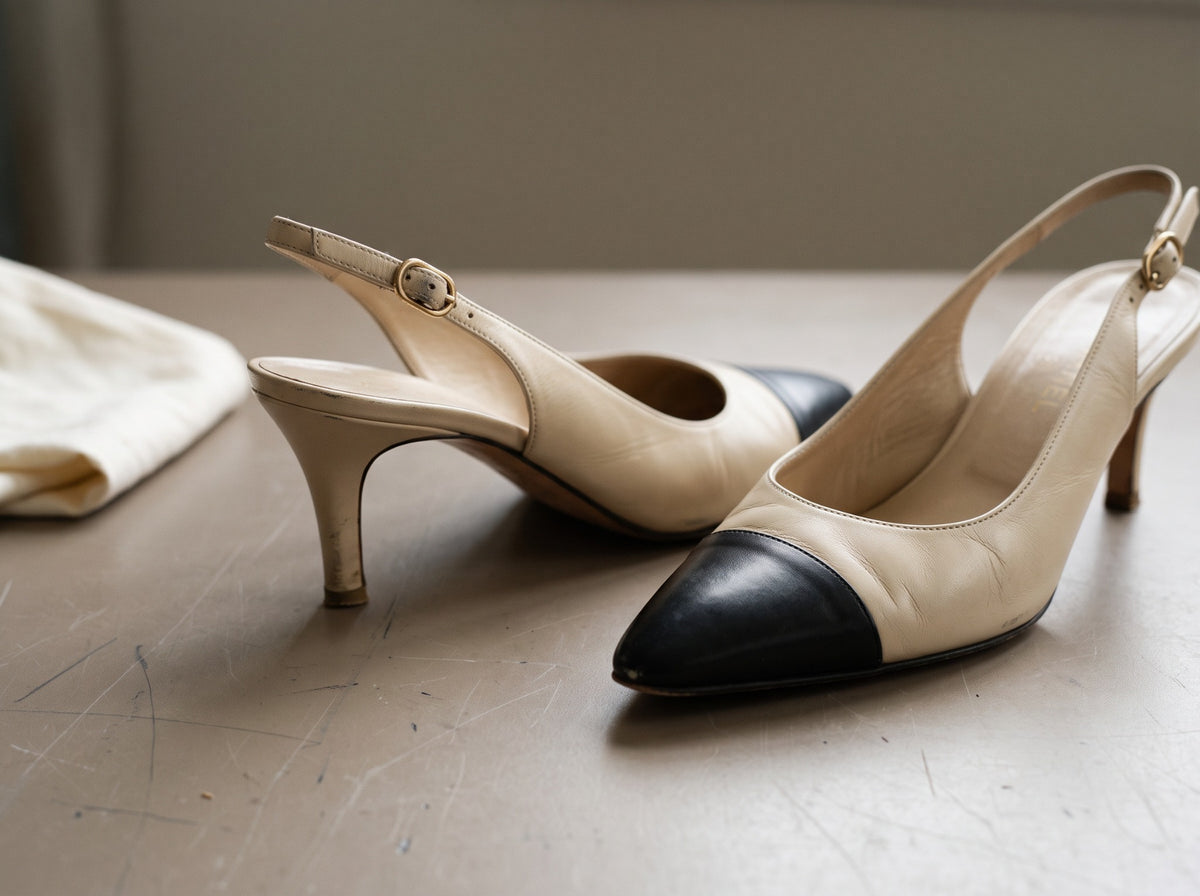 A gently worn pair of ivory and black slingback pumps resting on a repair bench