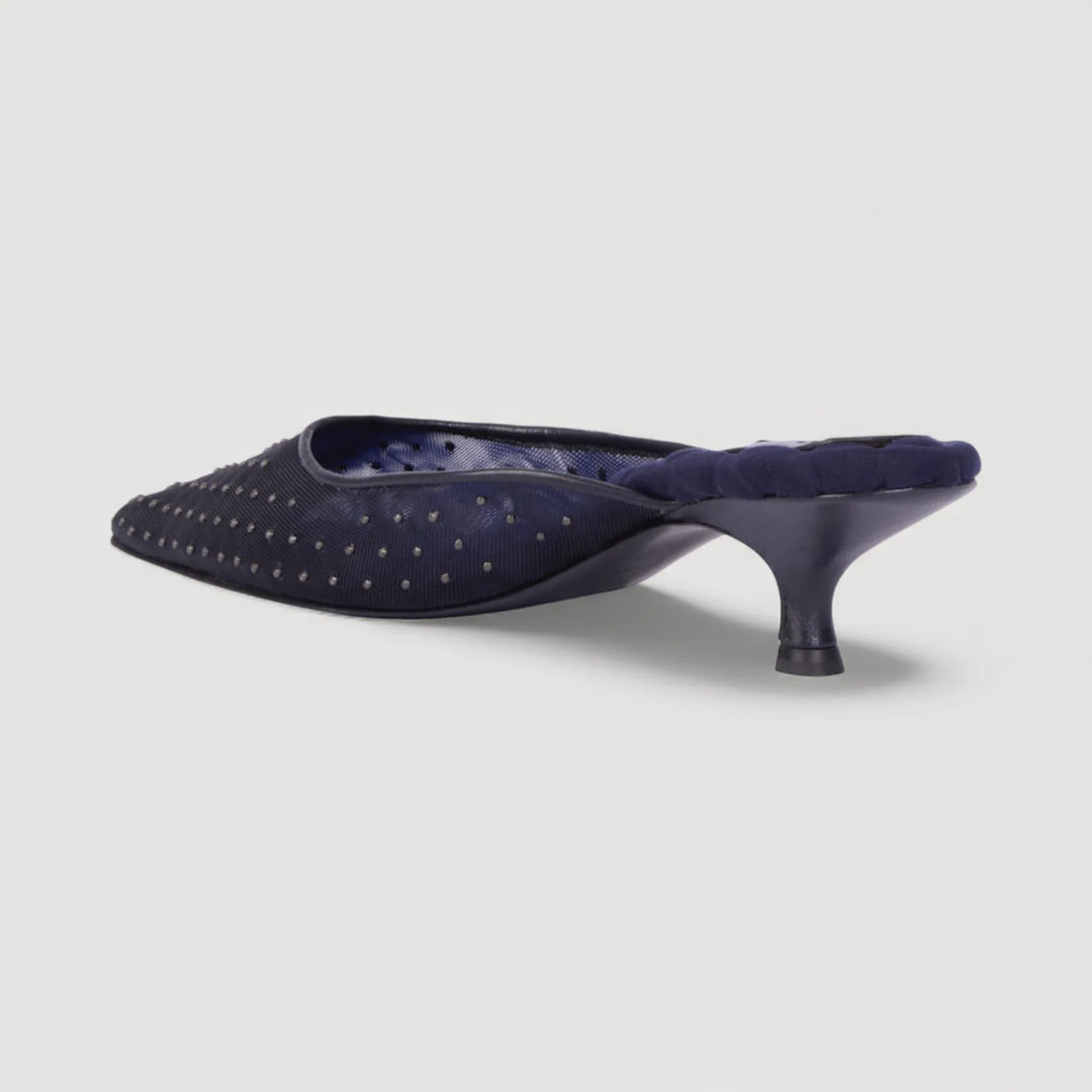 ROSA | Navy - Studded Mules by AERA NEW YORK, luxury vegan shoes with mesh and metal studs, featuring a kitten heel for elegance.