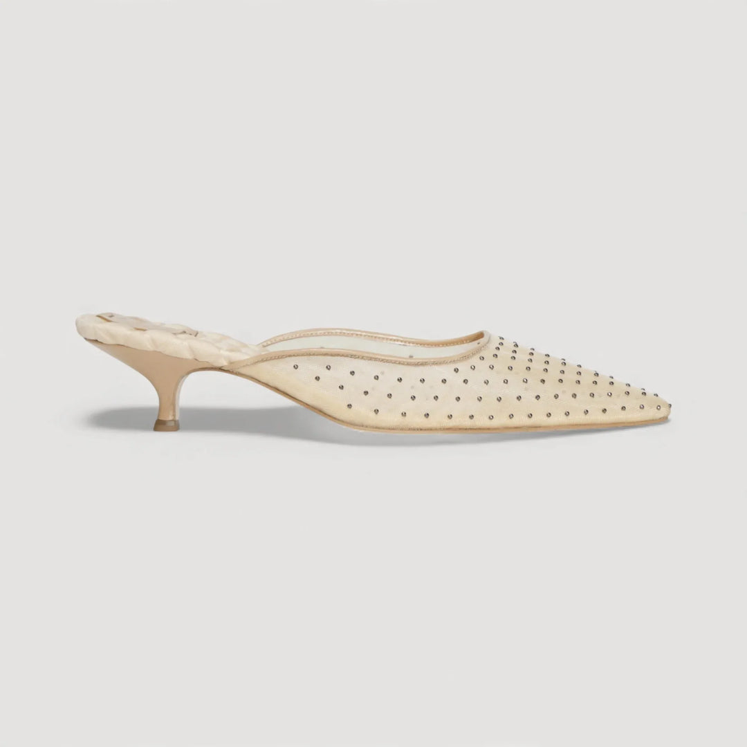 ROSA | Beige - Studded Mules by AERA NEW YORK, luxury vegan shoes with metal studs and kitten heel, side view.