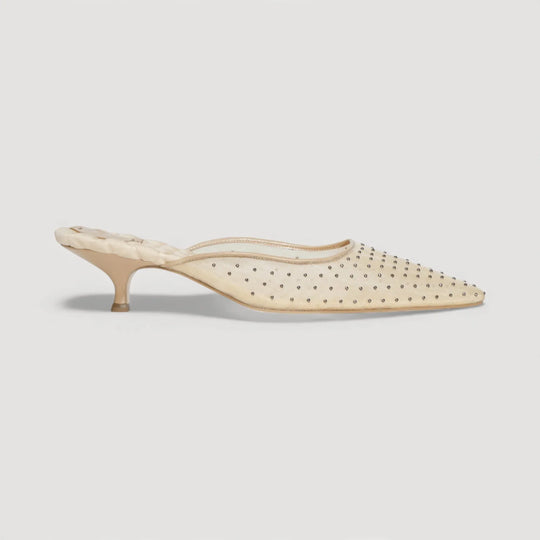 ROSA | Beige - Studded Mules by AERA NEW YORK, luxury vegan shoes with metal studs and kitten heel, side view.