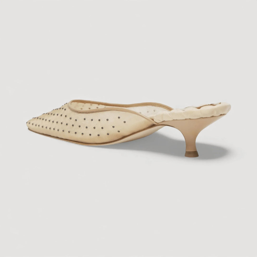 ROSA | Beige - Studded Mules by AERA New York in luxury vegan mesh with metal studs and a kitten heel.