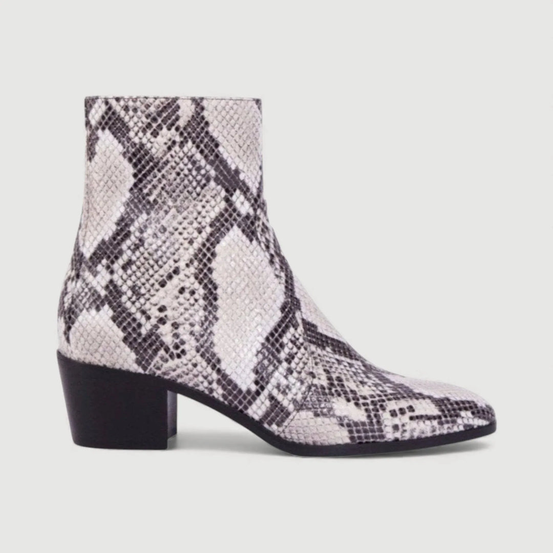 STEFFY | Beige Faux-Snake Print - Ankle Boots by AERA NEW YORK, luxury vegan shoes with 45mm heel and silver hardware.