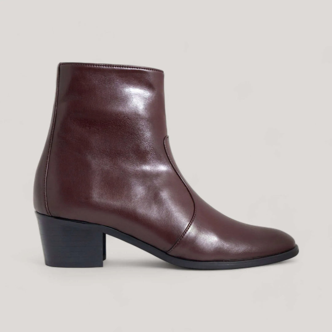STEFFY Brown Capretto Vegan Ankle Boots by AERA with 45mm block heel, crafted in Italy, sustainable Stella McCartney inspired shoes.